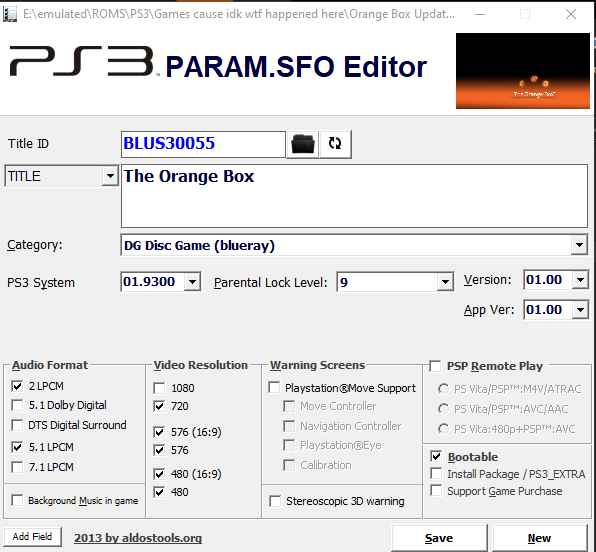 example screenshot of the PARAM.SFO editor