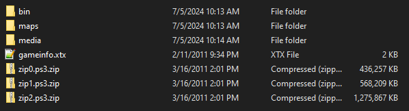 has folders BIN, MAPS, and MEDIA, a single gameinfo.xtx file, and 3 ZIP files.