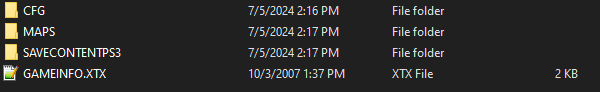 Screenshot showing the folders CFG, MAPS, SAVECONTENTPS3, and GAMEINFO.XTX
